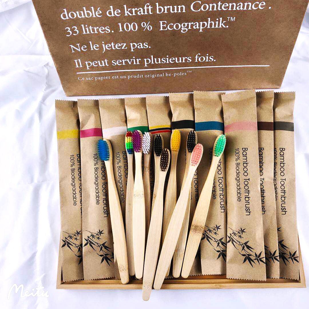 Bamboo Toothbrush - แปรงสีฟันไม้ไผ่แบบสุ่มสี 5/10 ชิ้น ใช้ซ้ำได้ เป็นมิตรต่อสิ่งแวดล้อม ขนแปรงนุ่ม