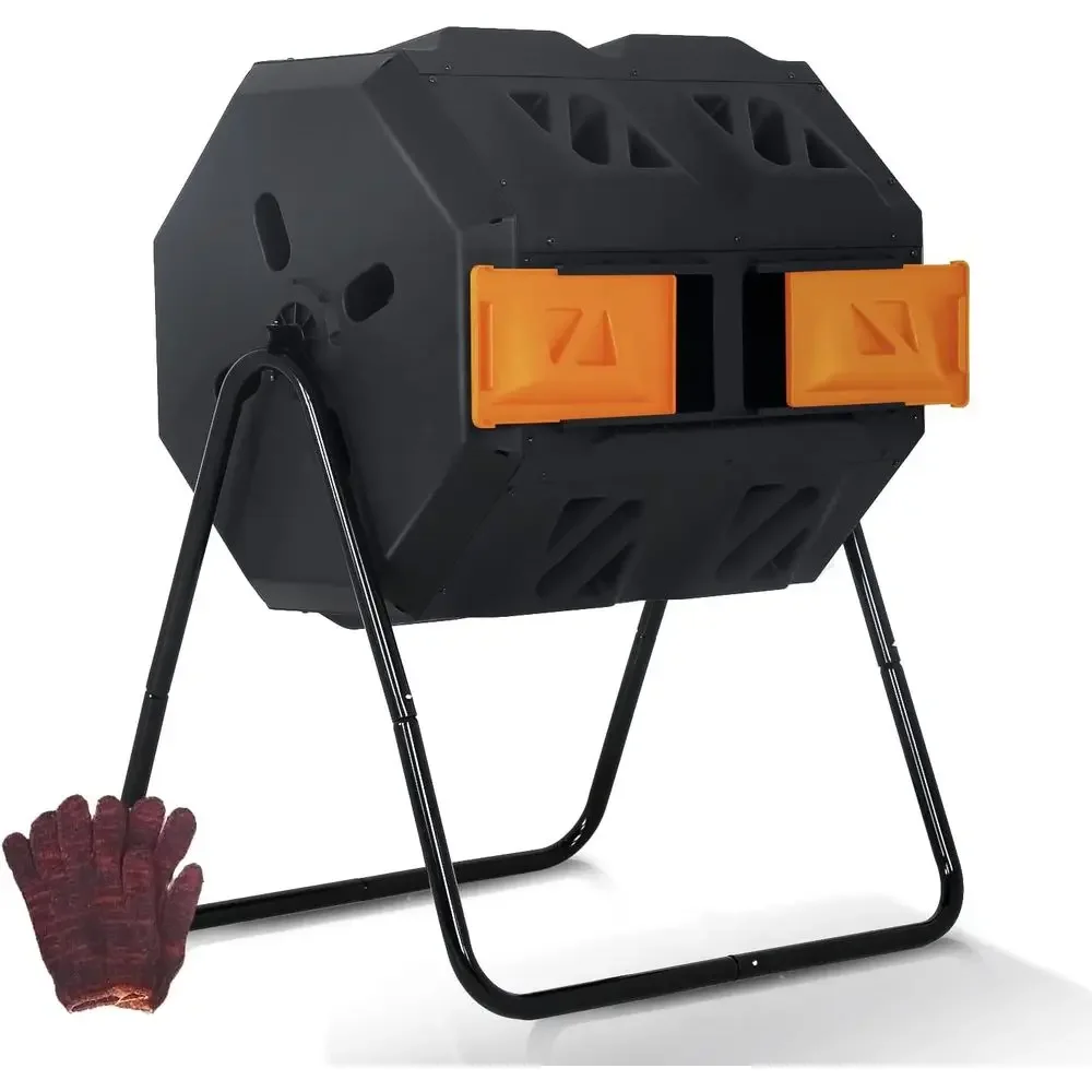 Compost Bin - ถังหมักปุ๋ยแบบหมุนได้สำหรับใช้ภายนอกอาคาร ขนาด 43 แกลลอน แบบสองช่อง พร้อมประตูเลื่อน