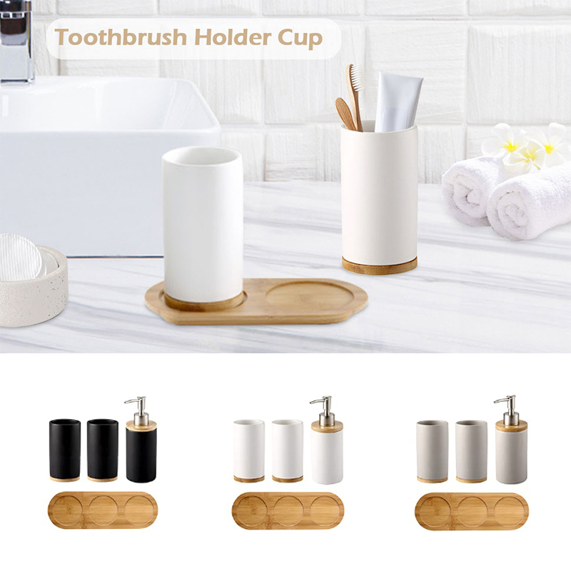 Bamboo Toothbrush - เซรามิคชุดห้องน้ํา Fine CeramicCup เครื่องจ่ายสบู่ผู้ถือแปรงสีฟันอุปกรณ์ห้องน้ําชุด 3 ชิ้นพร้อมฐานไม้ไผ่ตกแต่ง